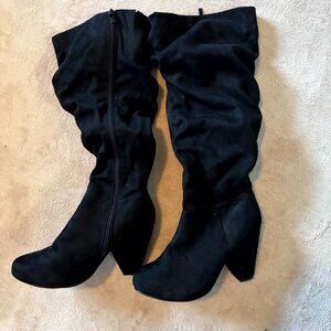 Torrid Black Slouch Knee High Boots Women’s 9W Wide Faux Suede Cone Heel